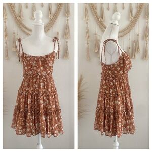 Nordstrom Blu Pepper brown & cream floral mini dress ruffle country festival M